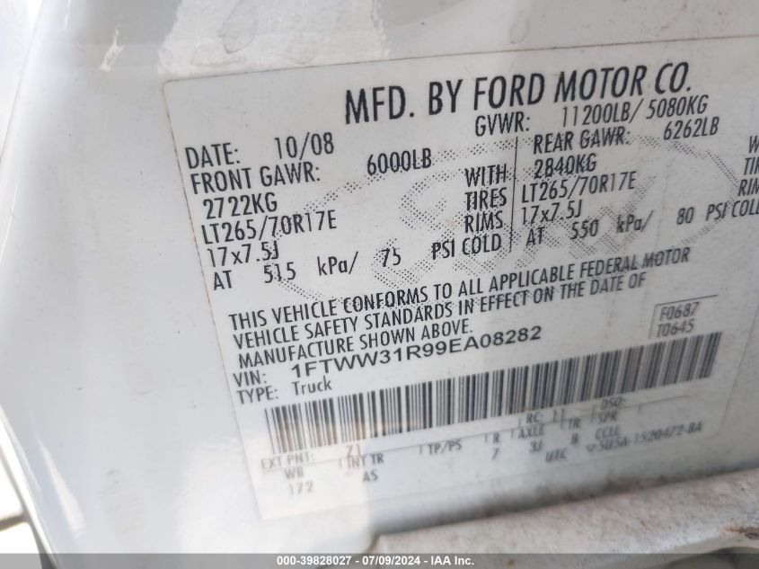 2009 Ford F-350 VIN: 1FTWW31R99EA08282 Lot: 39828027