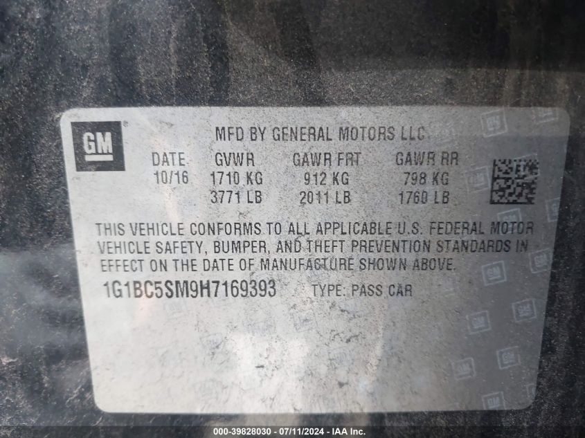 2017 Chevrolet Cruze Ls Auto VIN: 1G1BC5SM9H7169393 Lot: 39828030