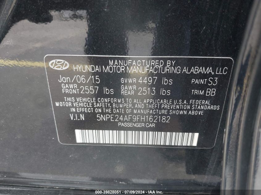 2015 Hyundai Sonata Se VIN: 5NPE24AF9FH162182 Lot: 39828051