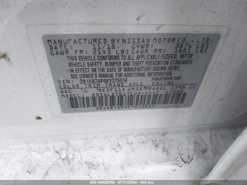 2019 Nissan Sentra Sv VIN: 3N1AB7AP4KY275014 Lot: 39828056