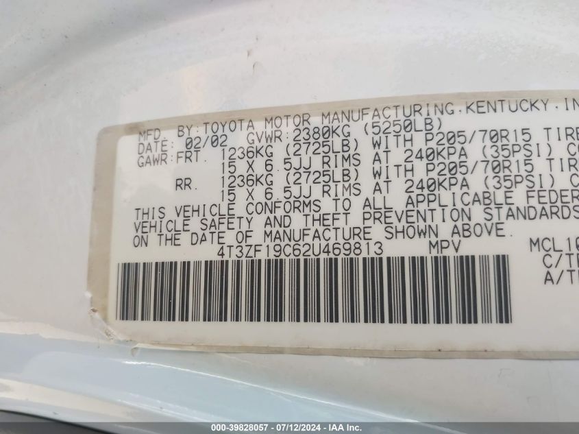 2002 Toyota Sienna Ce VIN: 4T3ZF19C62U469813 Lot: 39828057