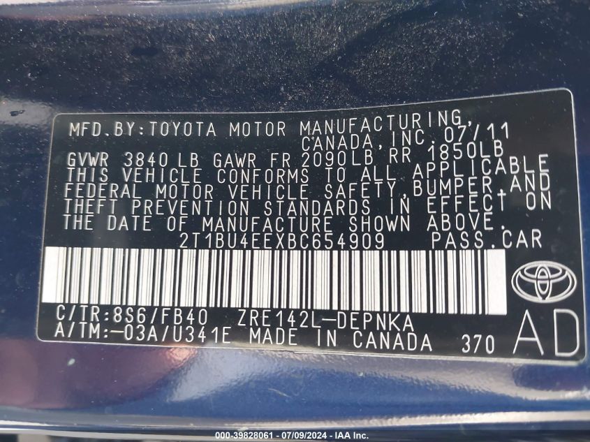 2011 Toyota Corolla Le VIN: 2T1BU4EEXBC654909 Lot: 39828061