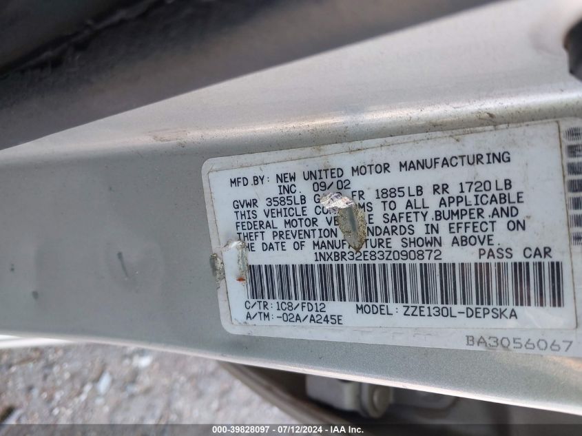 2003 Toyota Corolla Ce/Le/S VIN: 1NXBR32E83Z090872 Lot: 39828097