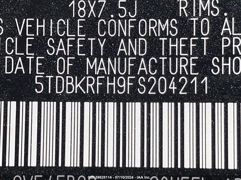 2015 Toyota Highlander Le V6 VIN: 5TDBKRFH9FS204211 Lot: 39828114