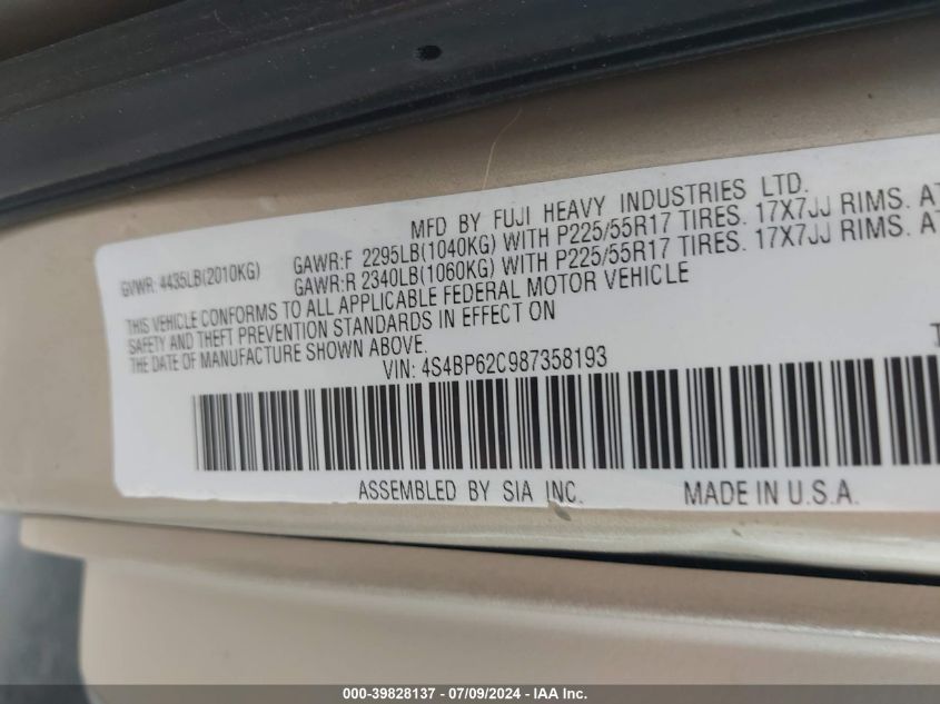 2008 Subaru Outback 2.5I Limited/2.5I Limited L.l. Bean Edition VIN: 4S4BP62C987358193 Lot: 39828137
