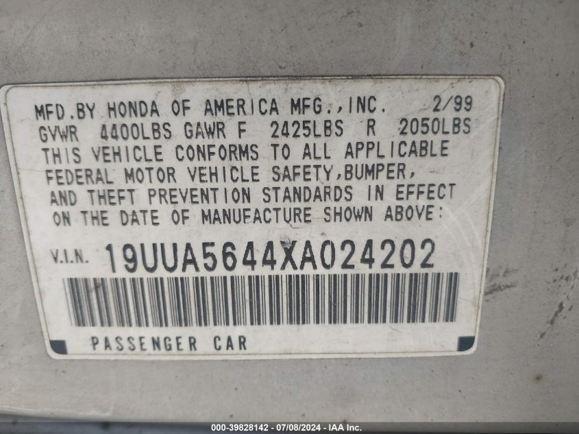 1999 Acura Tl 3.2 VIN: 19UUA5644XA024202 Lot: 39828142