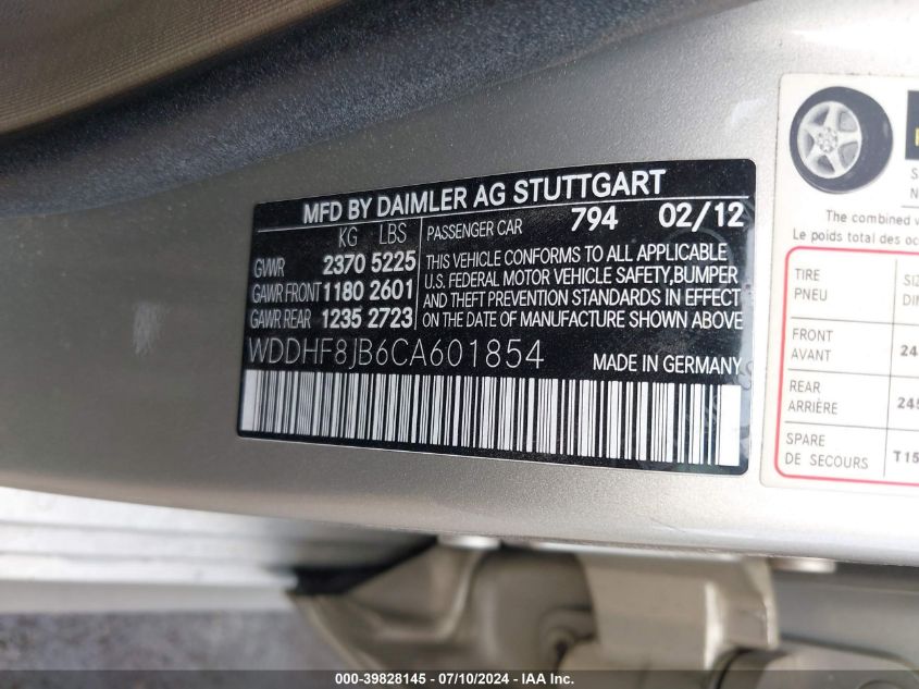 2012 Mercedes-Benz E 350 4Matic VIN: WDDHF8JB6CA601854 Lot: 39828145