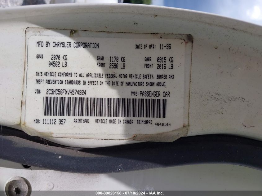 1997 Chrysler Lhs VIN: 2C3HC56FXVH574924 Lot: 39828158