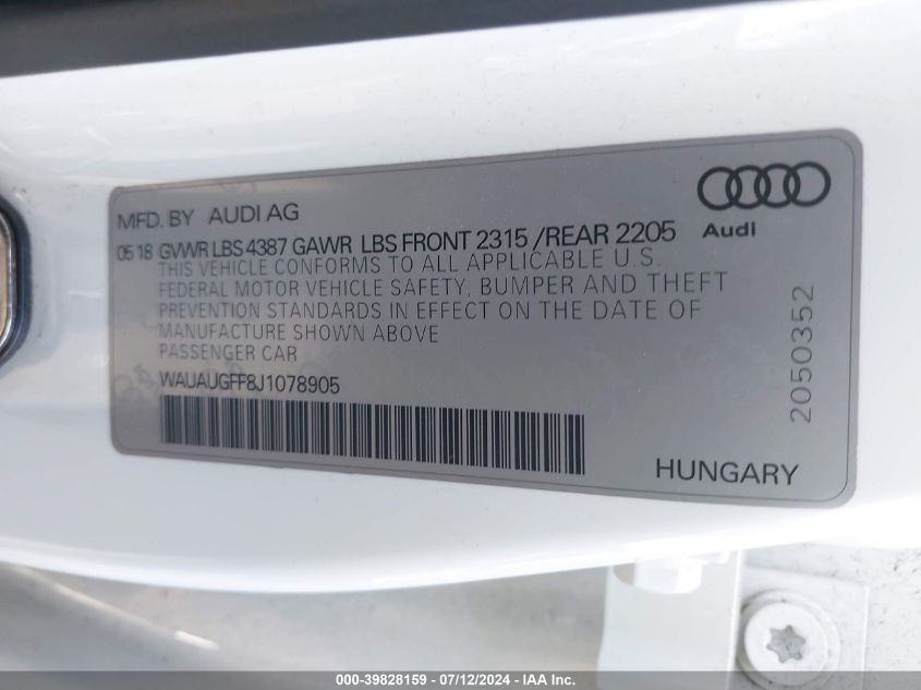 2018 Audi A3 2.0T Premium/2.0T Tech Premium VIN: WAUAUGFF8J1078905 Lot: 39828159