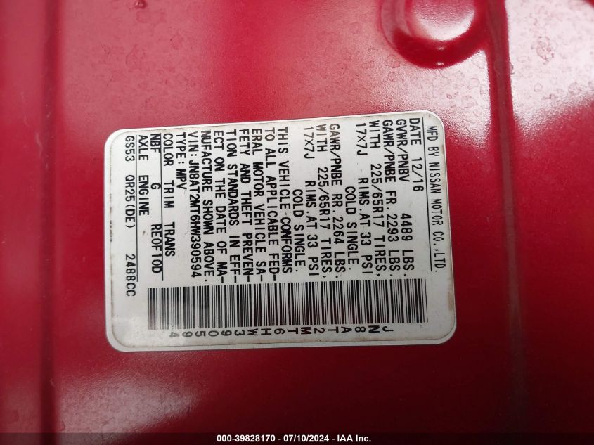 2017 Nissan Rogue S/Sl/Sv VIN: JN8AT2MT6HW390594 Lot: 39828170