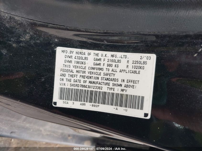 2003 Honda Cr-V Ex VIN: SHSRD78843U123362 Lot: 39828187