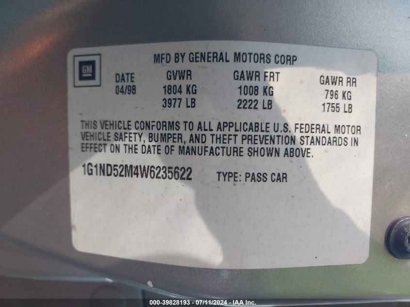 1998 Chevrolet Malibu VIN: 1G1ND52M4W6235622 Lot: 39828193