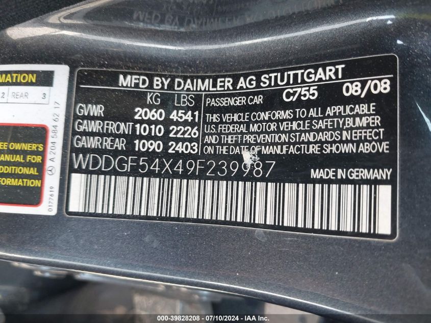 2009 Mercedes-Benz C 300 Luxury/Sport VIN: WDDGF54X49F239987 Lot: 39828208