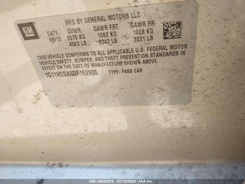 2013 Chevrolet Malibu Ltz VIN: 1G11H5SA6DF162906 Lot: 39828209