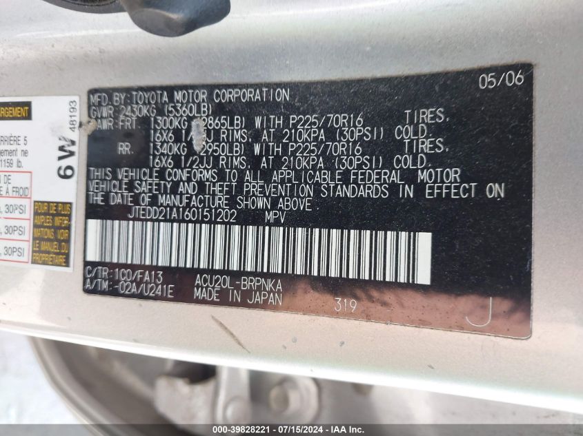 2006 Toyota Highlander VIN: JTEDD21A160151202 Lot: 39828221