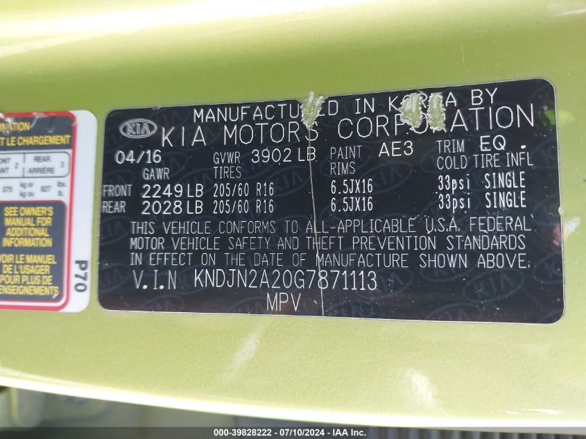 2016 Kia Soul VIN: KNDJN2A20G7871113 Lot: 39828222