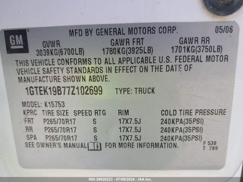 1GTEK19B77Z102699 | 2007 GMC SIERRA 1500 CLASSIC