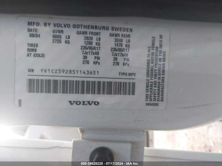 2005 Volvo Xc90 2.5T Awd VIN: YV1CZ592851143651 Lot: 39828225