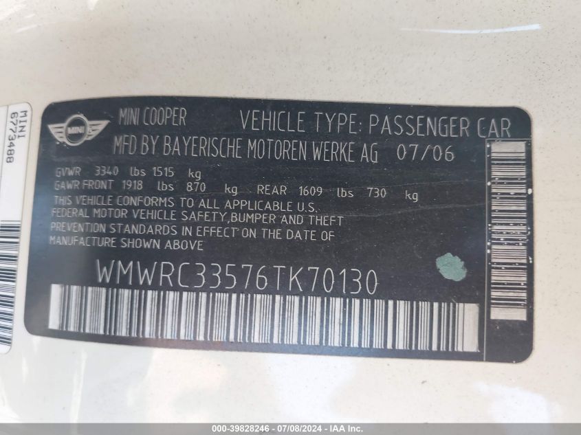 2006 Mini Cooper VIN: WMWRC33576TK70130 Lot: 39828246