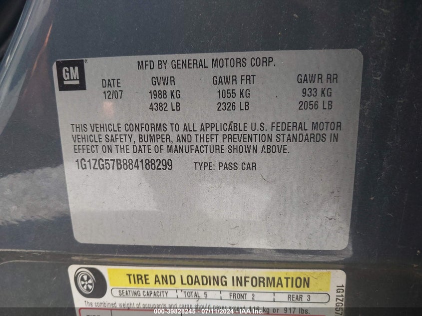 2008 Chevrolet Malibu Ls VIN: 1G1ZG57B884188299 Lot: 39828245