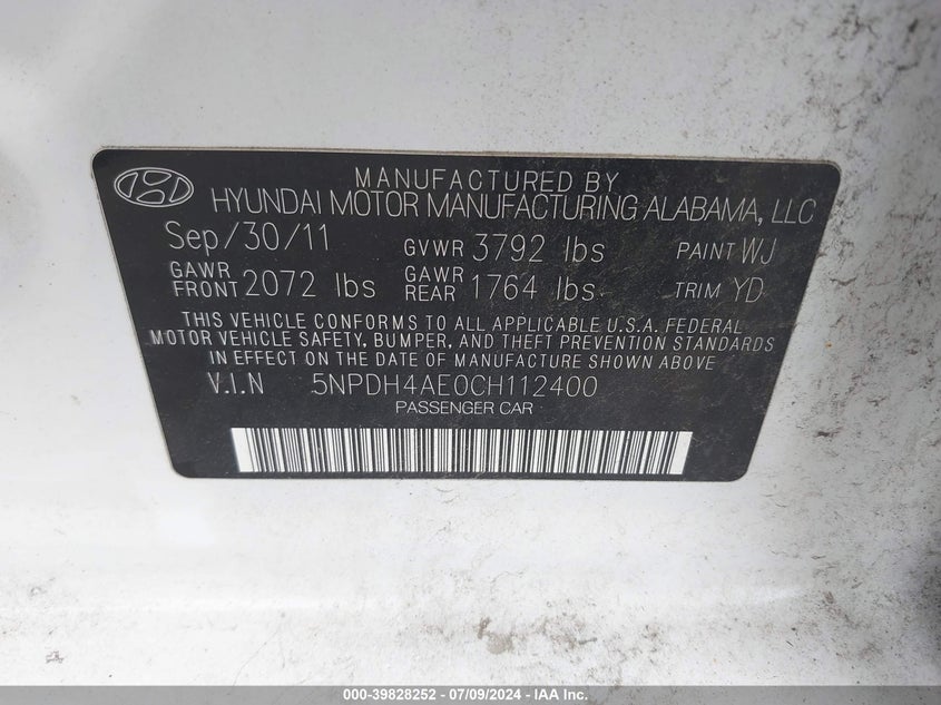 2012 Hyundai Elantra Gls VIN: 5NPDH4AE0CH112400 Lot: 39828252