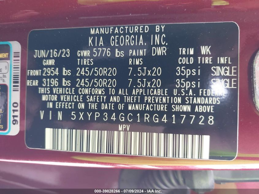 2024 Kia Telluride Ex VIN: 5XYP34GC1RG417728 Lot: 39828266