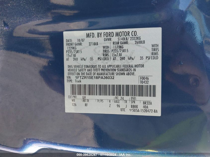 2008 Ford Ranger Fx4 Off-Road/Sport/Xl/Xlt VIN: 1FTZR15E18PA36032 Lot: 39828267