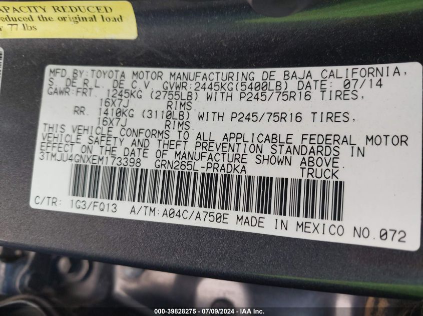 2014 Toyota Tacoma Prerunner V6 VIN: 3TMJU4GNXEM173398 Lot: 39828275