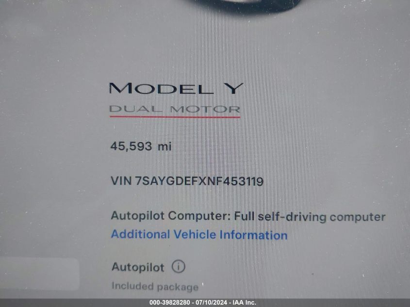 2022 Tesla Model Y Performance Dual Motor All-Wheel Drive VIN: 7SAYGDEFXNF453119 Lot: 39828280