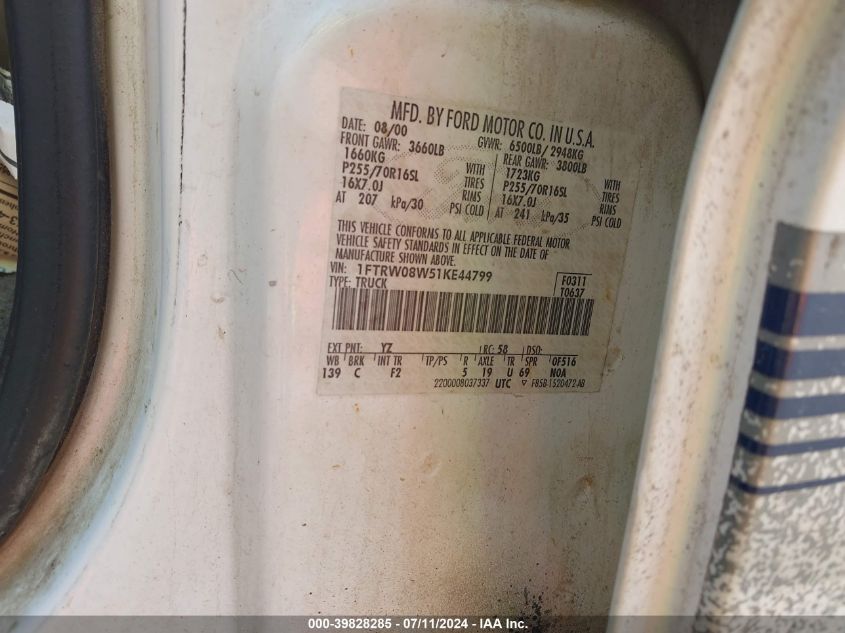 2001 Ford F-150 King Ranch Edition/Lariat/Xlt VIN: 1FTRW08W51KE44799 Lot: 39828285