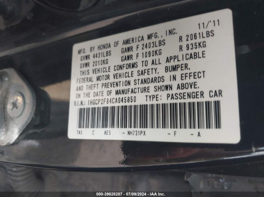 1HGCP2F84CA045850 | 2012 HONDA ACCORD