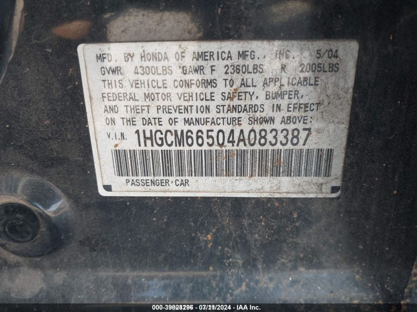 2004 Honda Accord 3.0 Ex VIN: 1HGCM66504A083387 Lot: 39828296