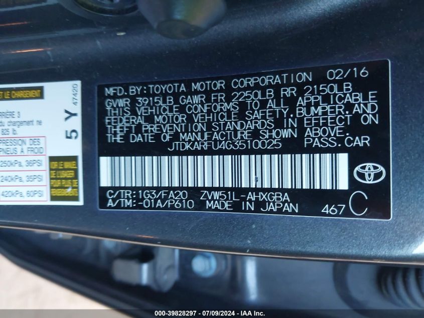 2016 Toyota Prius VIN: JTDKARFU4G3510025 Lot: 39828297