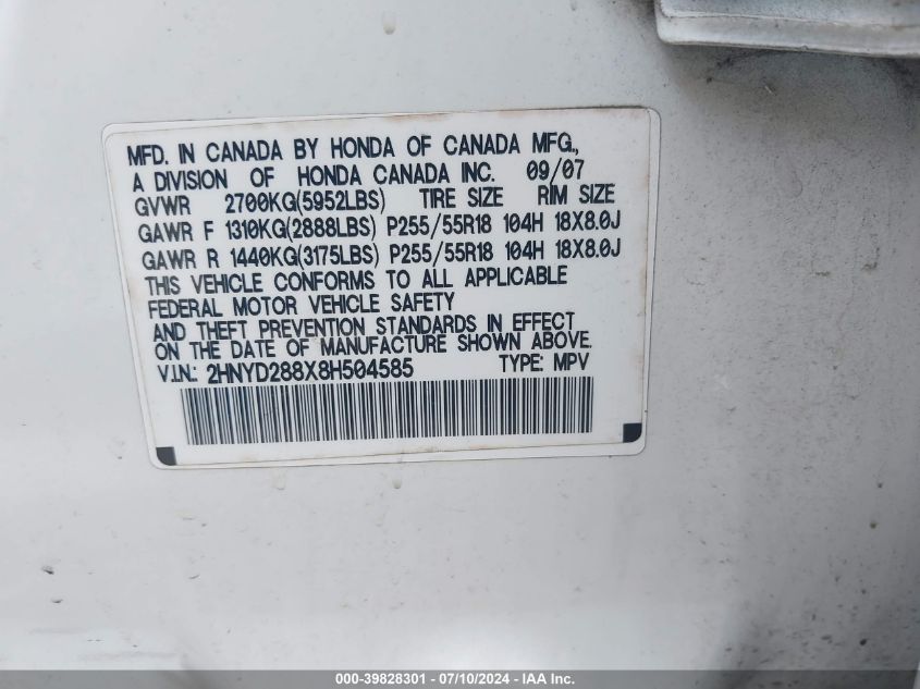 2008 Acura Mdx Sport VIN: 2HNYD288X8H504585 Lot: 39828301