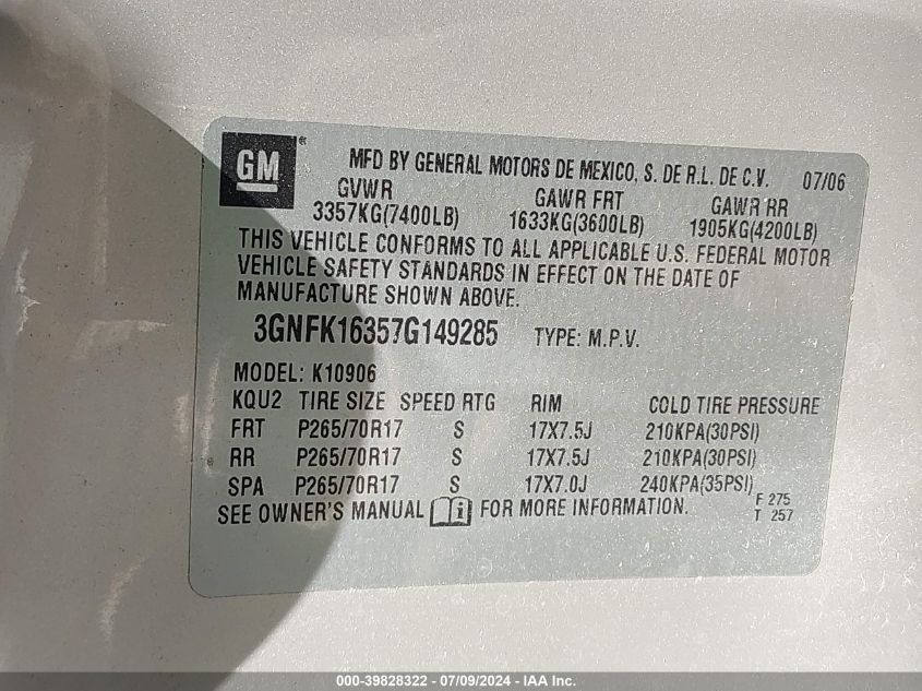 2007 Chevrolet Suburban 1500 Lt VIN: 3GNFK16357G149285 Lot: 39828322