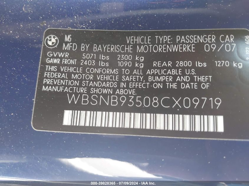 2008 BMW M5 VIN: WBSNB93508CX09719 Lot: 39828365