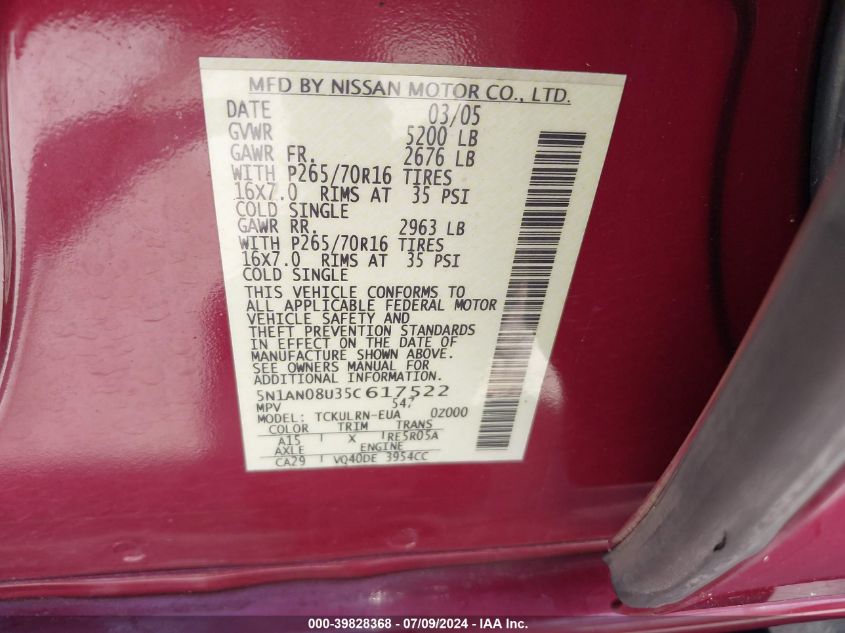 2005 Nissan Xterra S VIN: 5N1AN08U35C617522 Lot: 39828368