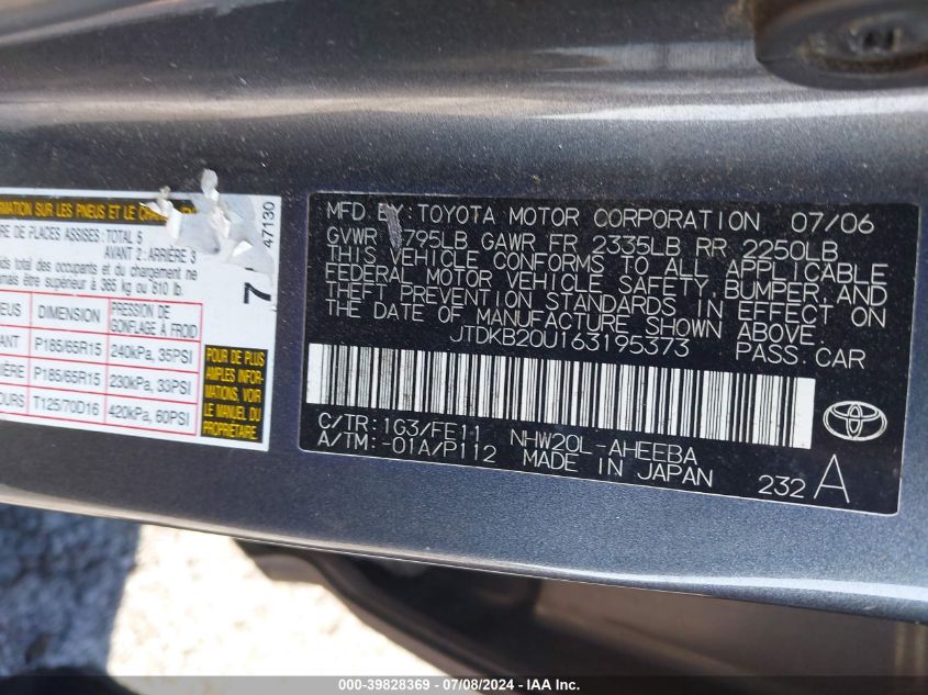 2006 Toyota Prius VIN: JTDKB20U163195373 Lot: 39828369