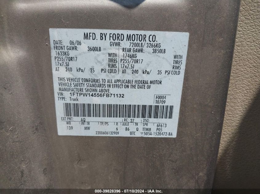 2006 Ford F-150 Fx4/Lariat/Xlt VIN: 1FTPW14556FB71132 Lot: 39828396