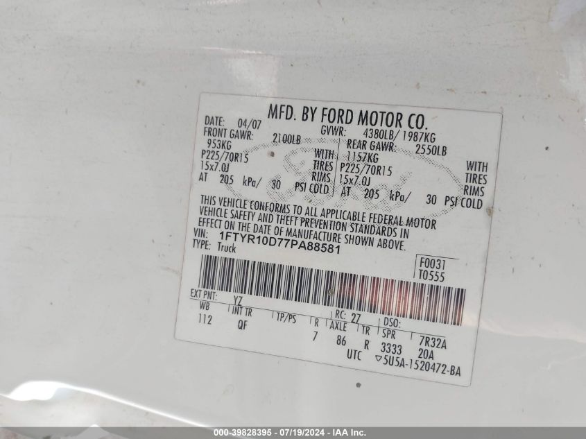 2007 Ford Ranger Stx/Xl/Xlt VIN: 1FTYR10D77PA88581 Lot: 39828395