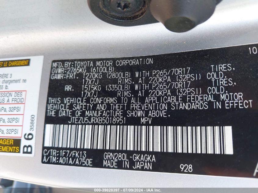 2011 Toyota 4Runner Sr5 V6 VIN: JTEZU5JRXB5018951 Lot: 39828397