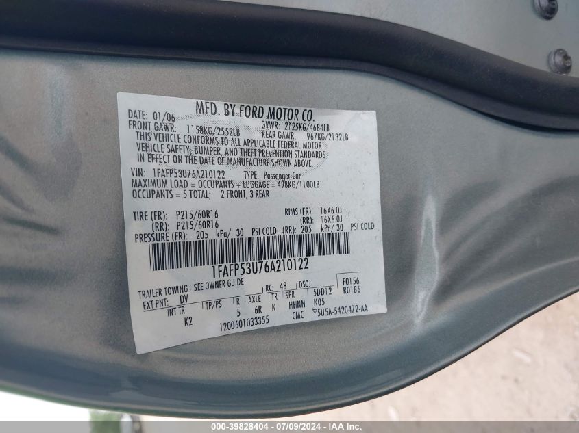 2006 Ford Taurus Se VIN: 1FAFP53U76A210122 Lot: 39828404