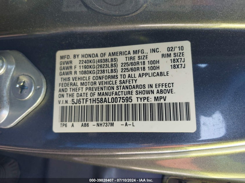 2010 Honda Accord Crosstour Ex-L VIN: 5J6TF1H58AL007595 Lot: 39828407