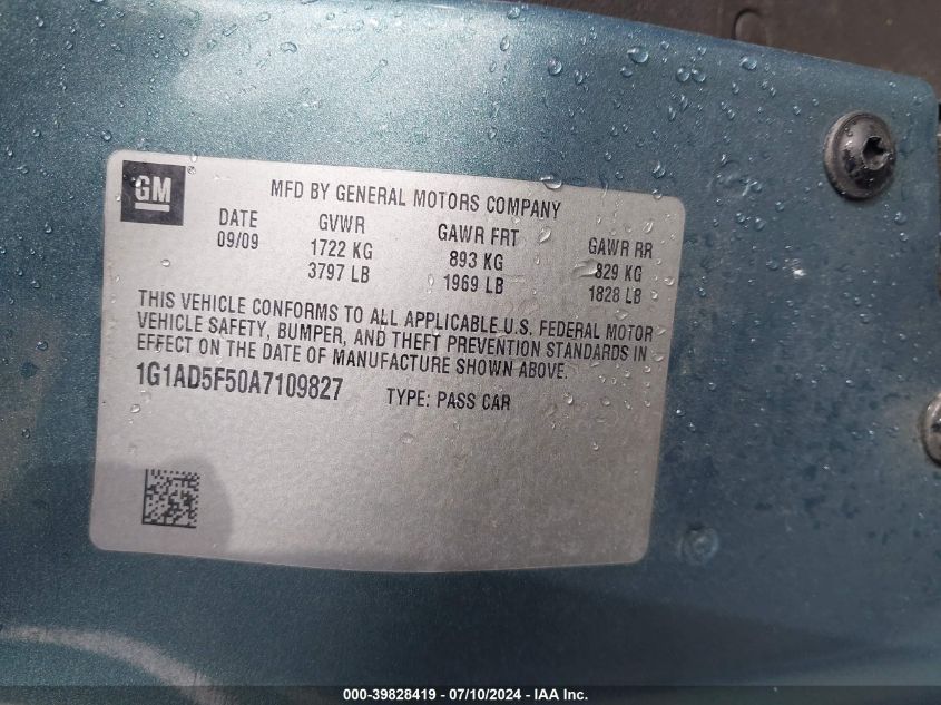 2010 Chevrolet Cobalt Lt VIN: 1G1AD5F50A7109827 Lot: 39828419