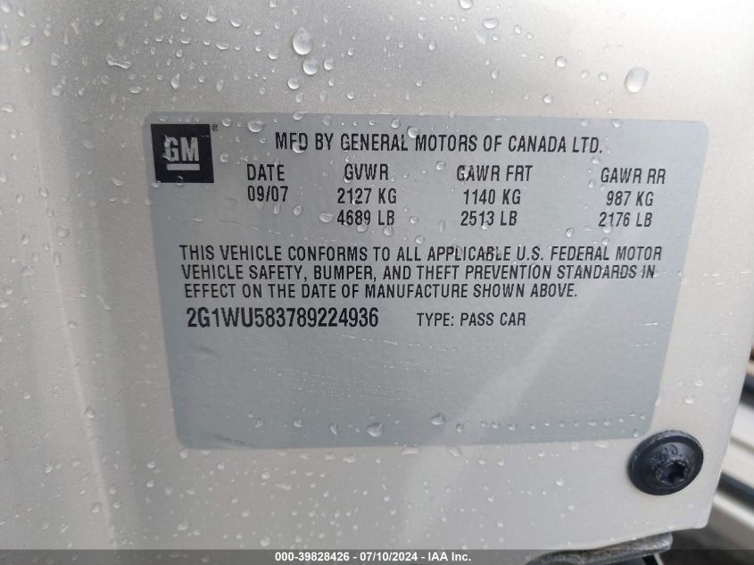 2008 Chevrolet Impala Ltz VIN: 2G1WU583789224936 Lot: 39828426