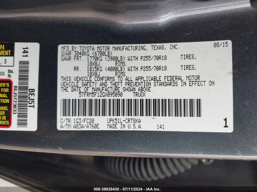 5TFRM5F12GX095090 2016 Toyota Tundra Sr5 4.6L V8