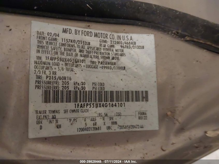 2004 Ford Taurus Ses VIN: 1FAFP55UX4G164101 Lot: 39828448