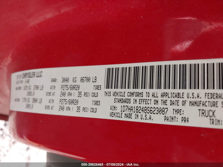2008 Dodge Ram 1500 St/Slt VIN: 1D7HA18248S623087 Lot: 39828465
