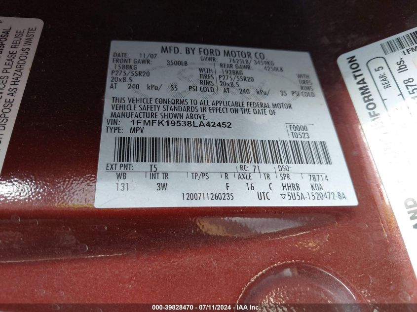 2008 Ford Expedition El Limited VIN: 1FMFK19538LA42452 Lot: 39828470