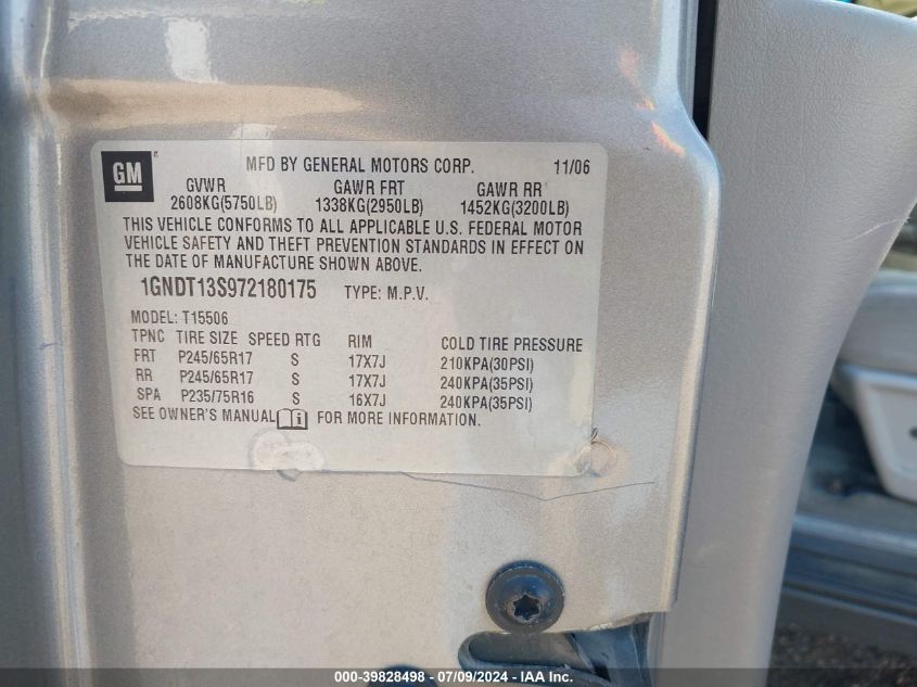 2007 Chevrolet Trailblazer Ls VIN: 1GNDT13S972180175 Lot: 39828498